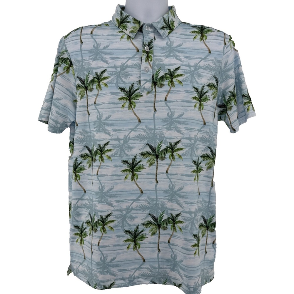Yatta Golf Polo Mens S Tropical Palm Tree Blue Performance Resort Golf Shirt